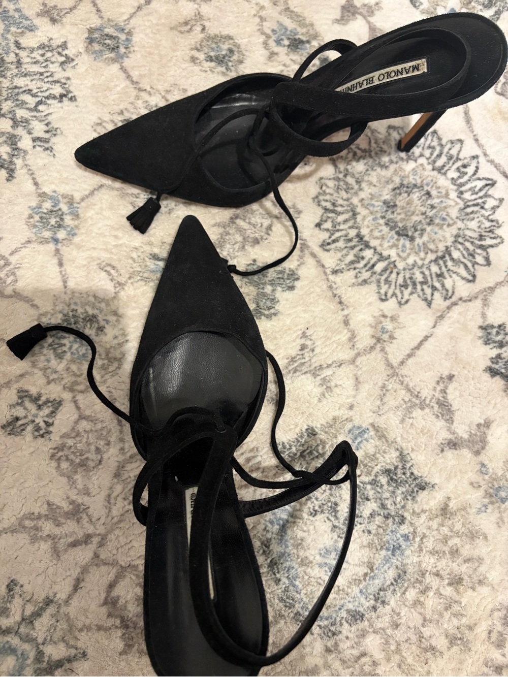 Manolo Blahnik Black Suede Pointed Lace-Up Stiletto Heels - Picture 1 of 6